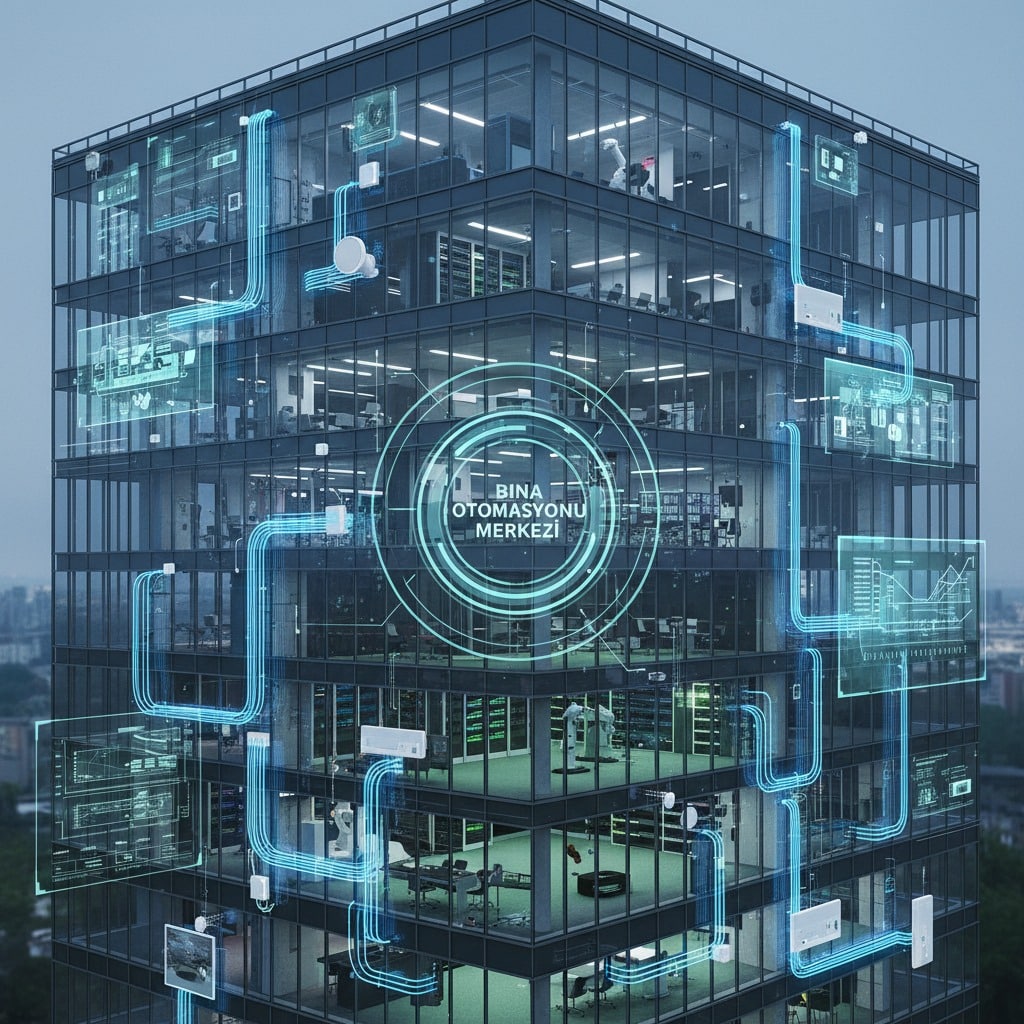 Bina otomasyon sistemini temsil eden, katları dijital grafikler ve mavi ışık hatlarıyla birbirine bağlı modern bir ofis binası.