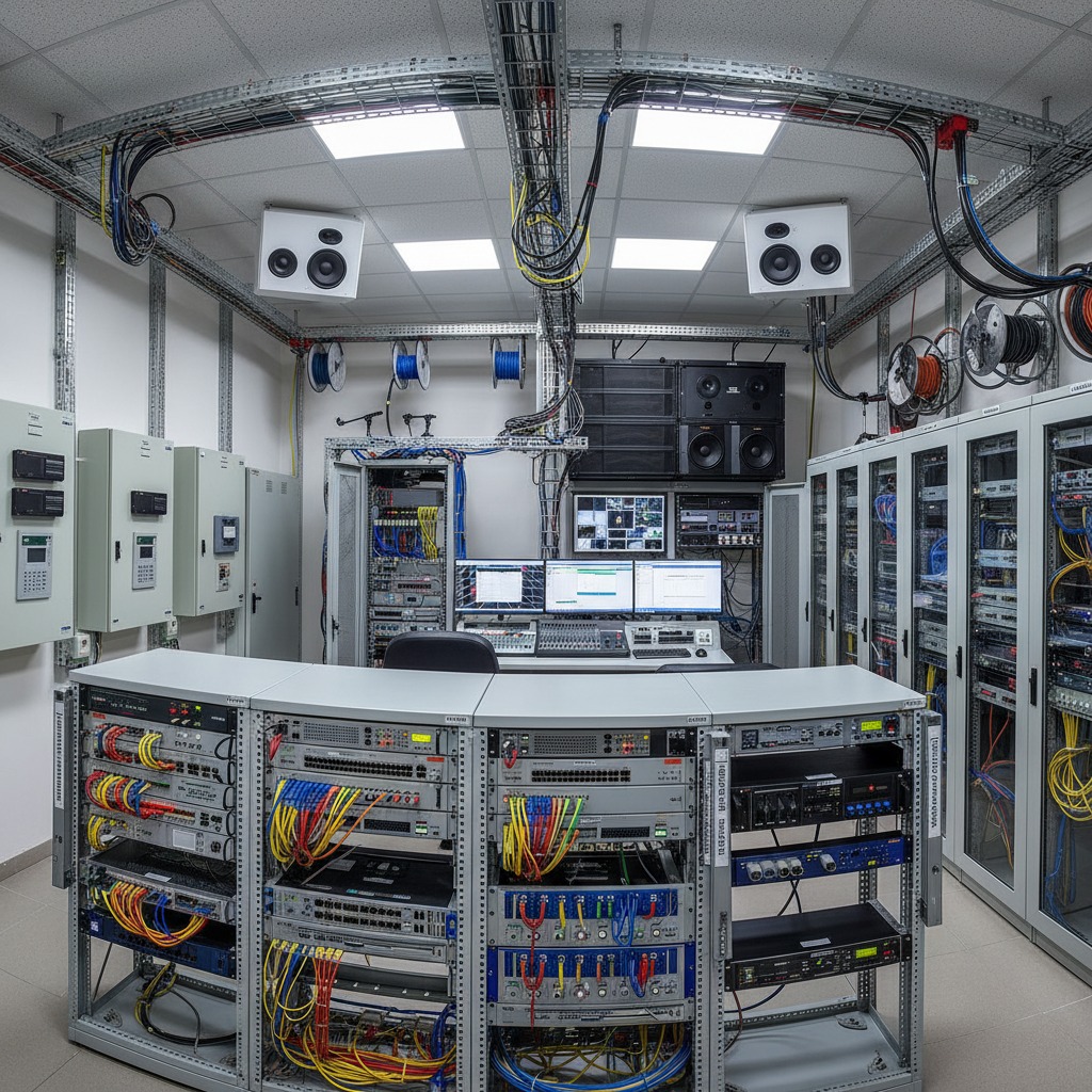 Kabloların ve sunucu dolaplarının bulunduğu teknik kontrol odası.