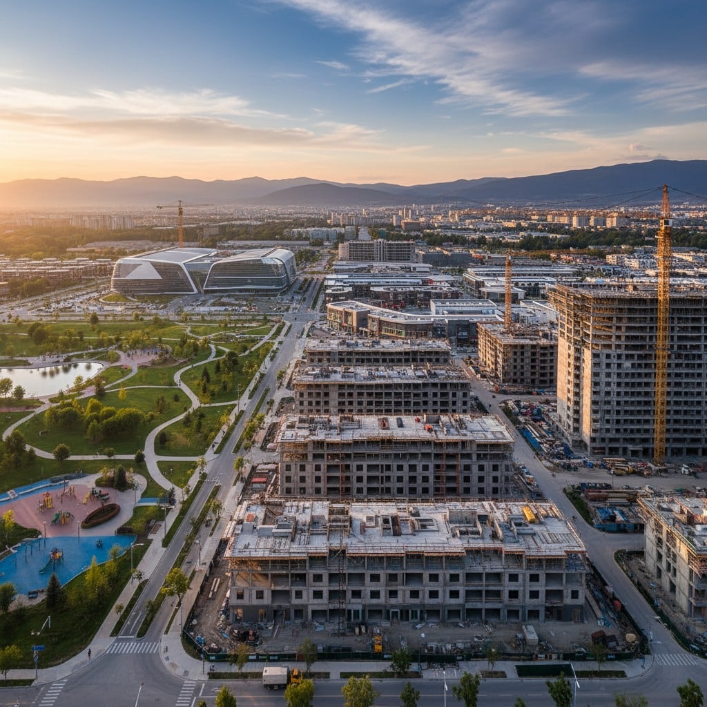 Gün batımında, ön planda inşaat halindeki binalar ve arka planda modern şehir silüeti ve dağlar yer alıyor.
